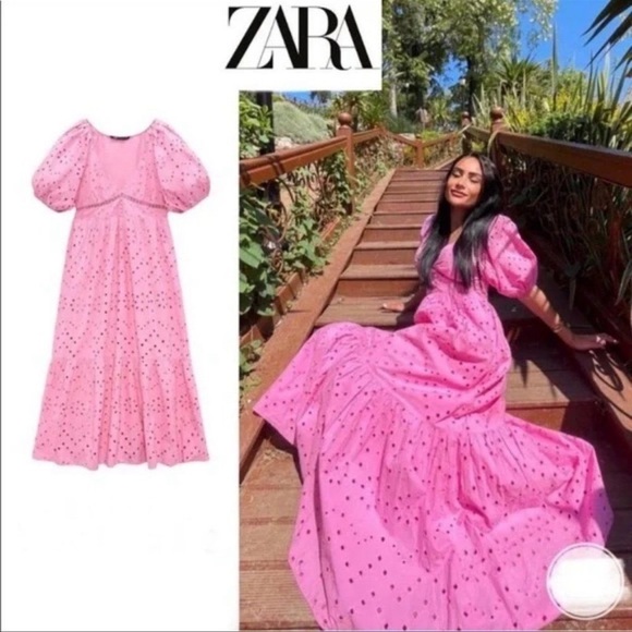ZARA OPENWORK EMBROIDERED DRESS EYELET PINK NEW Barbiecore Barbie Core - Picture 3 of 3
